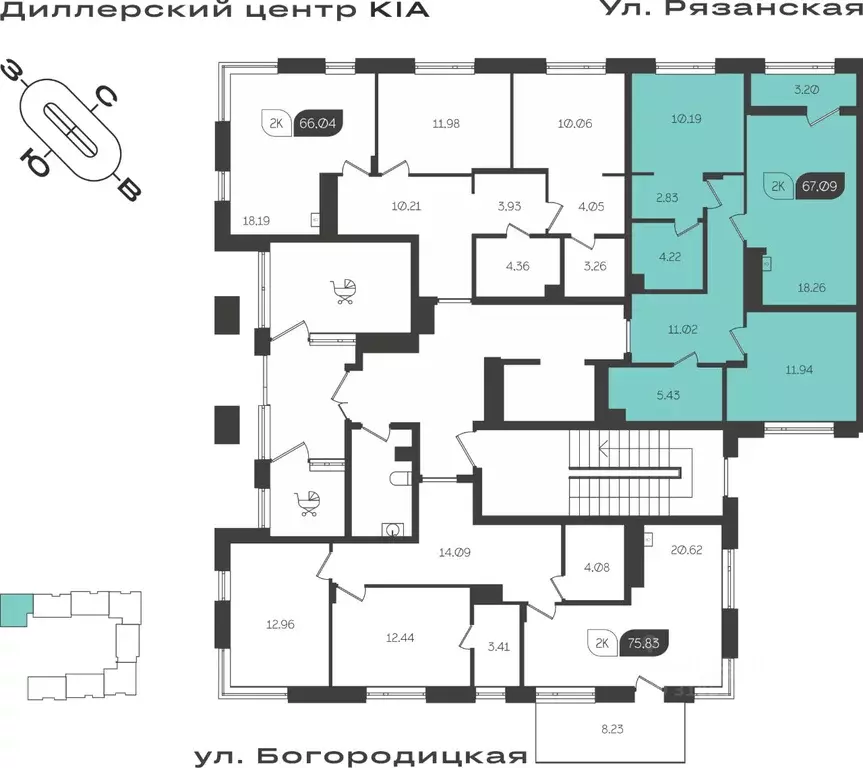 2-к кв. Тульская область, Тула ул. Богородицкая, 8В (67.09 м) - Фото 1