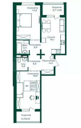 2-к. квартира, 64,1 м, 2/8 эт. - Фото 1