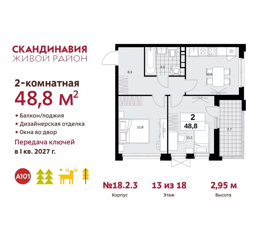 2-комнатная квартира: жилой комплекс Скандинавия, 18.2.3 (48.8 м) - Фото 0
