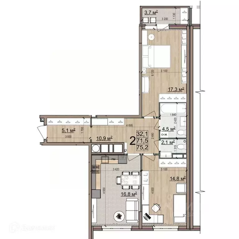 2-к кв. Рязанская область, Рязань Еврокласс жилой комплекс (75.2 м) - Фото 2