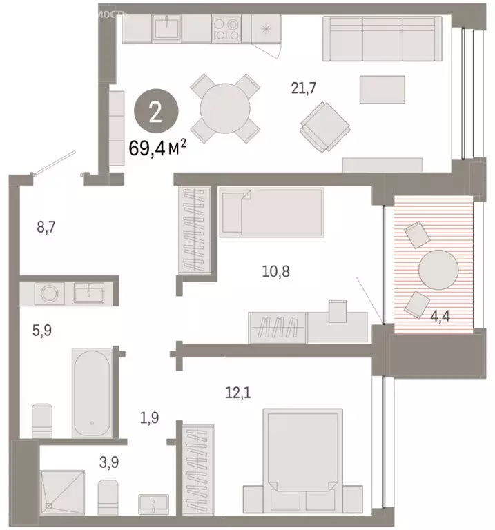 2-комнатная квартира: Тюмень, улица Муравленко, 9/2 (69.37 м) - Фото 1