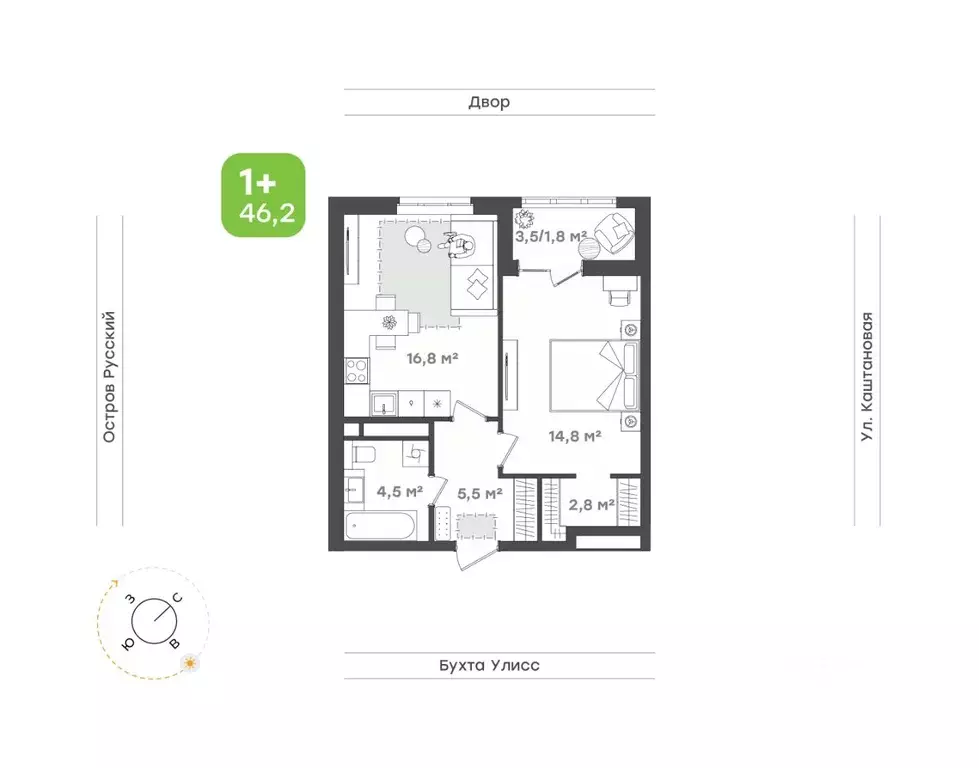 2-к кв. Приморский край, Владивосток ул. 3-я Поселковая, 16/2 (46.2 м) - Фото 0