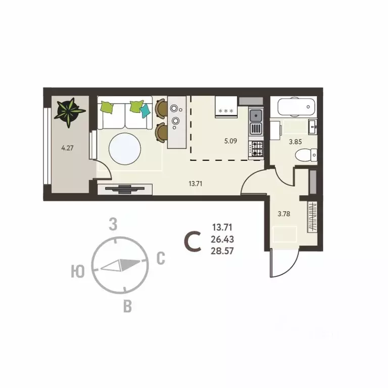 Студия Воронежская область, с. Новая Усмань, Ольха мкр  (28.57 м) - Фото 1
