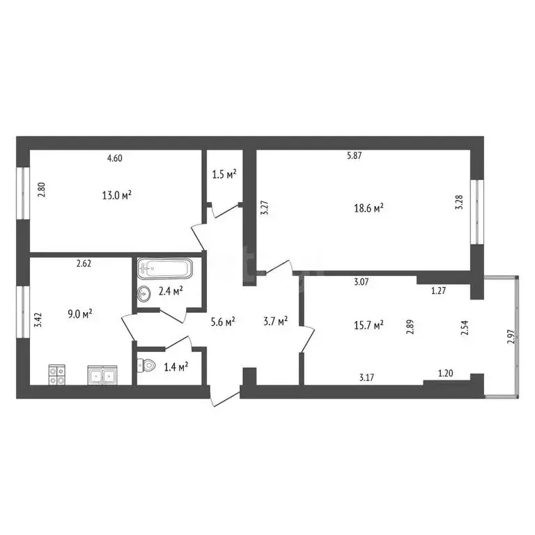 1к в 3-комнатной квартире (42.8 м) - Фото 0