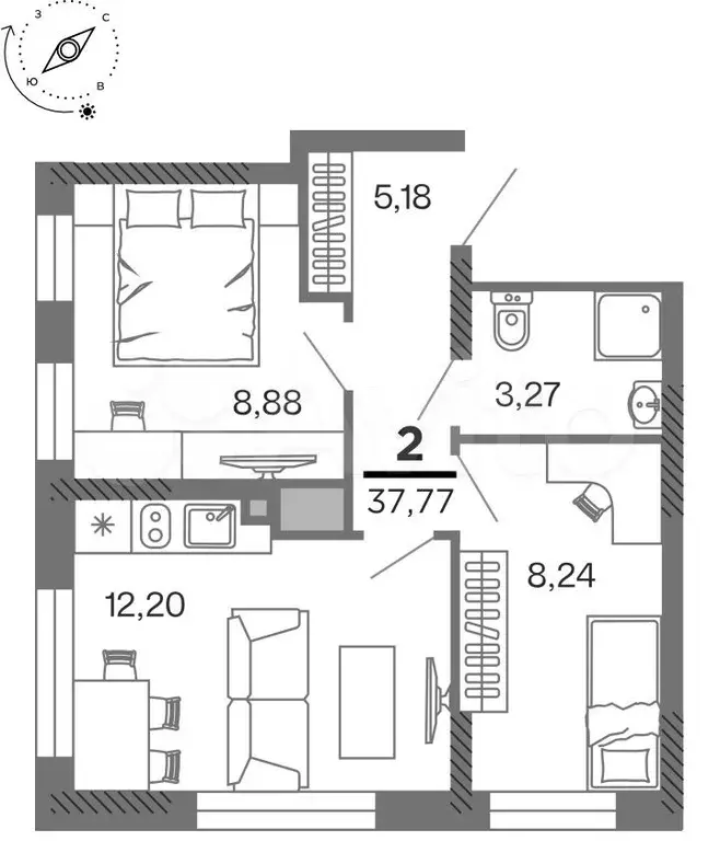 2-к. квартира, 37,8 м, 26/26 эт. - Фото 1