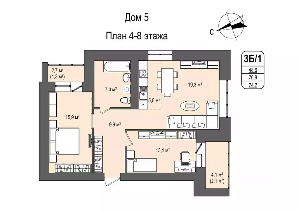 3-к кв. Кемеровская область, Кемерово 55-й мкр, 5 (74.2 м) - Фото 0