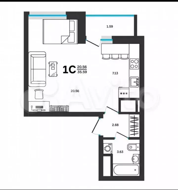 Квартира-студия, 35,6 м, 25/25 эт. - Фото 0