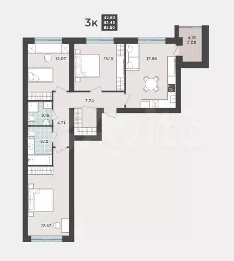 3-к. квартира, 83,4 м, 2/9 эт. - Фото 1