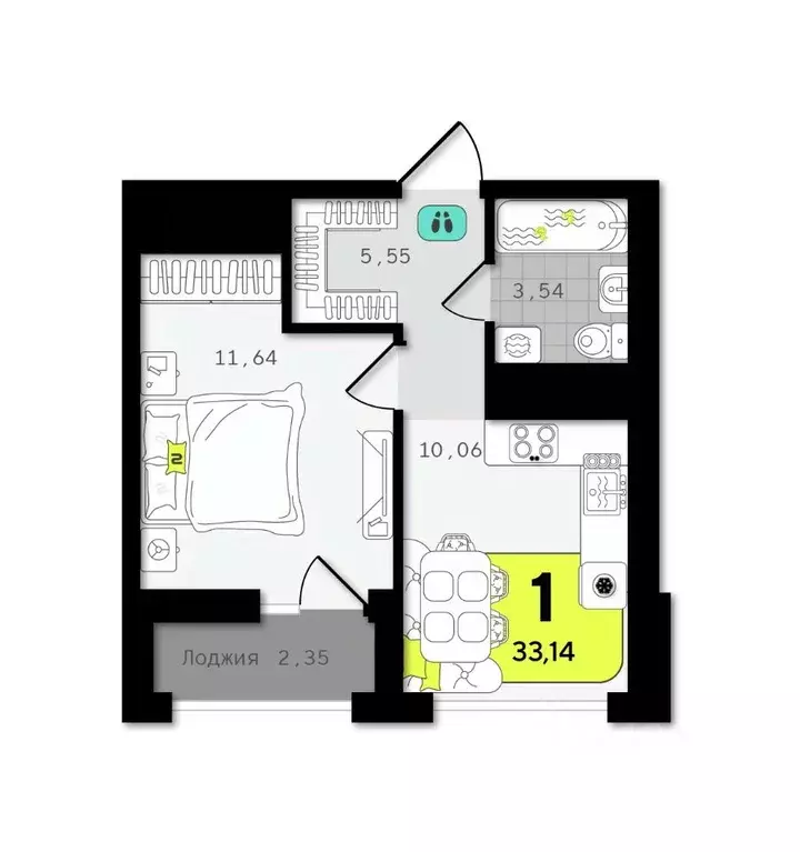 1-к кв. Тюменская область, Тюмень  (33.14 м) - Фото 1