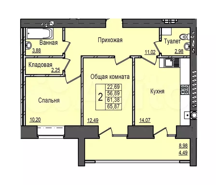 2-к. квартира, 65 м, 5/6 эт. - Фото 0