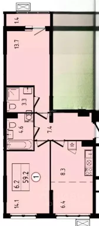 3-к кв. Москва № 160 кв-л, 1Вк8 (59.2 м) - Фото 2