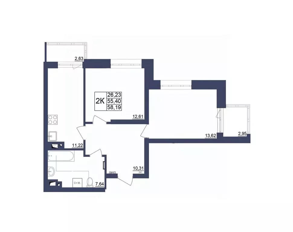 2-к кв. Башкортостан, Уфа Космос жилой комплекс, лит1 (57.94 м) - Фото 1
