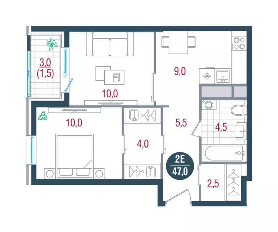 2-к квартира, 47 м - Фото 0