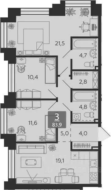 3-к кв. Москва наб. Марка Шагала, 11к2 (83.9 м) - Фото 1