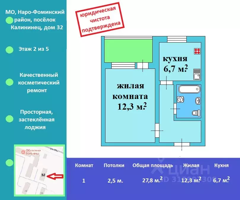 1-к кв. Московская область, Наро-Фоминский городской округ, Калининец ... - Фото 0