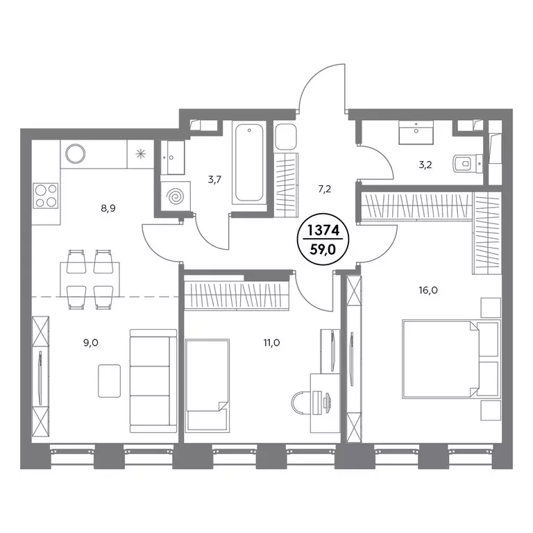 2-к квартира, 59 м - Фото 0