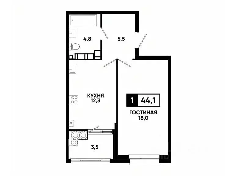 1-к кв. Ставропольский край, Ставрополь ул. Андрея Голуба, 14к3 (44.1 ... - Фото 0