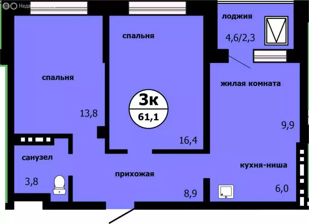 3-комнатная квартира: Красноярск, улица Лесников, 51 (61.1 м) - Фото 1