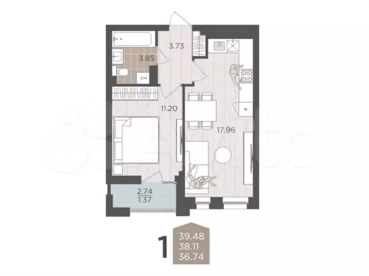 1-к. квартира, 38,1 м, 6/9 эт. - Фото 1