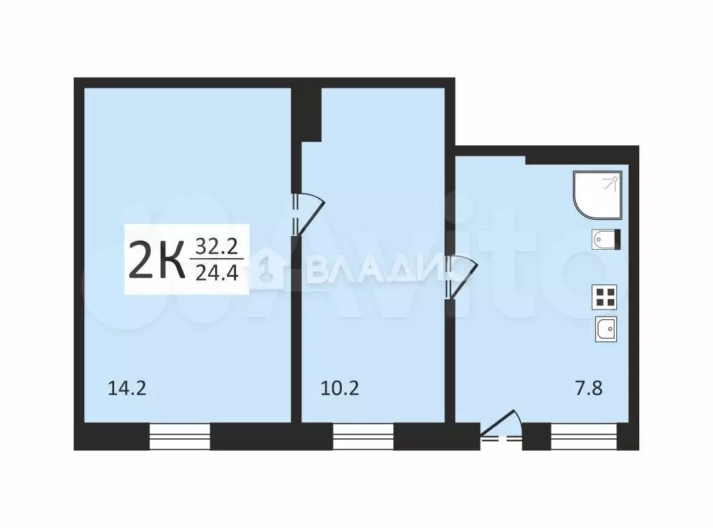 2-к. квартира, 32,2 м, 1/1 эт. - Фото 0