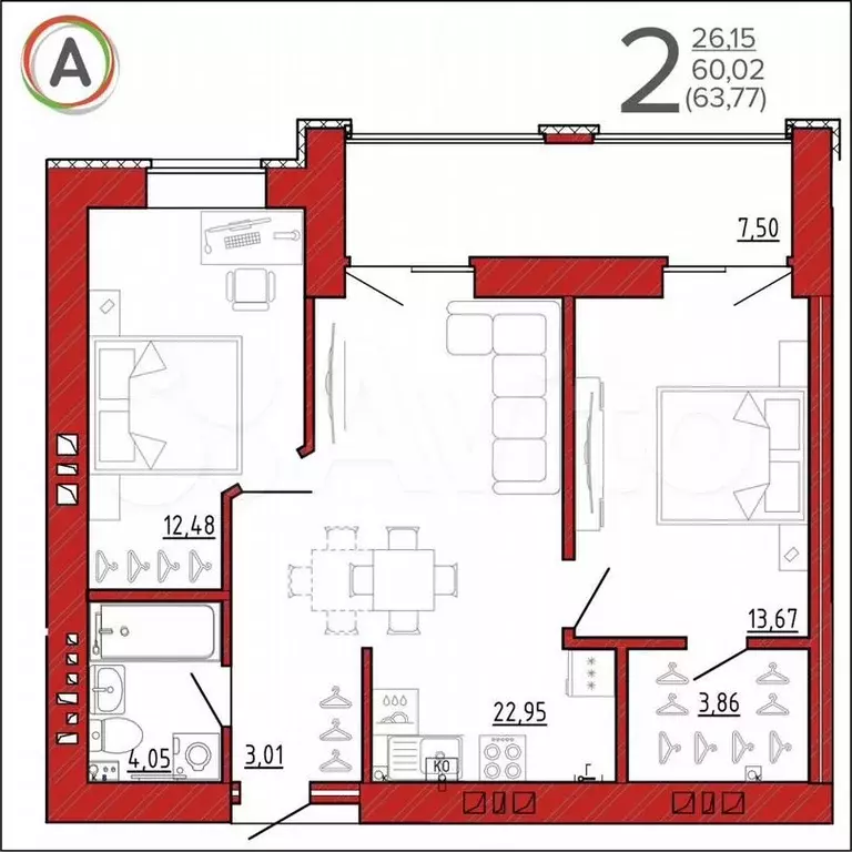 2-к. квартира, 63,8м, 9/9эт. - Фото 1