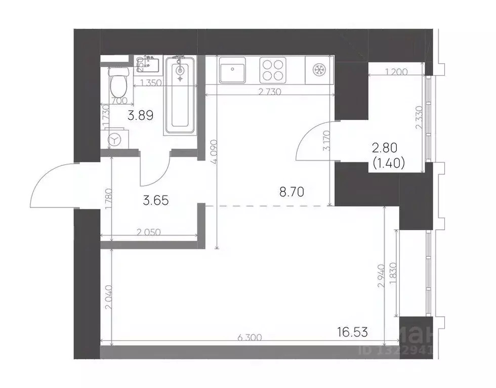 Студия Татарстан, Нижнекамск 15-й мкр, Калина жилой комплекс (34.17 м) - Фото 1