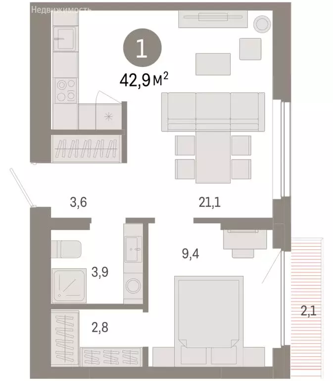 1-комнатная квартира: Новосибирск, квартал Лебедевский (42.9 м) - Фото 1