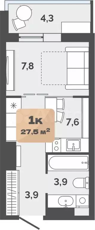 1-к. квартира, 25,4 м, 12/17 эт. - Фото 0