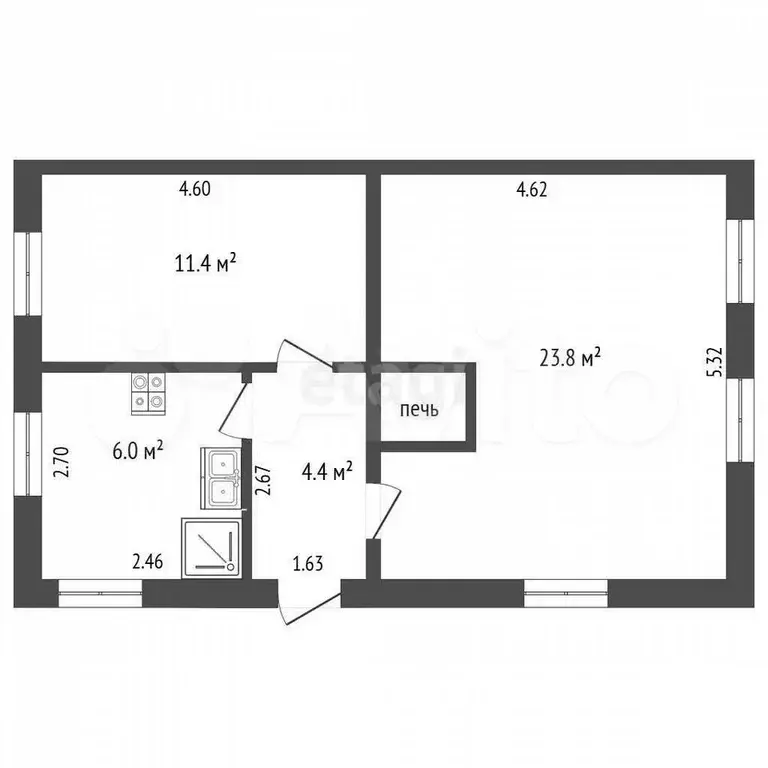2-к. квартира, 45,6 м, 1/1 эт. - Фото 1