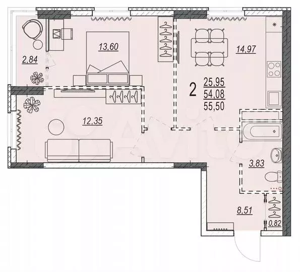 2-к. квартира, 55,5м, 12/17эт. - Фото 0