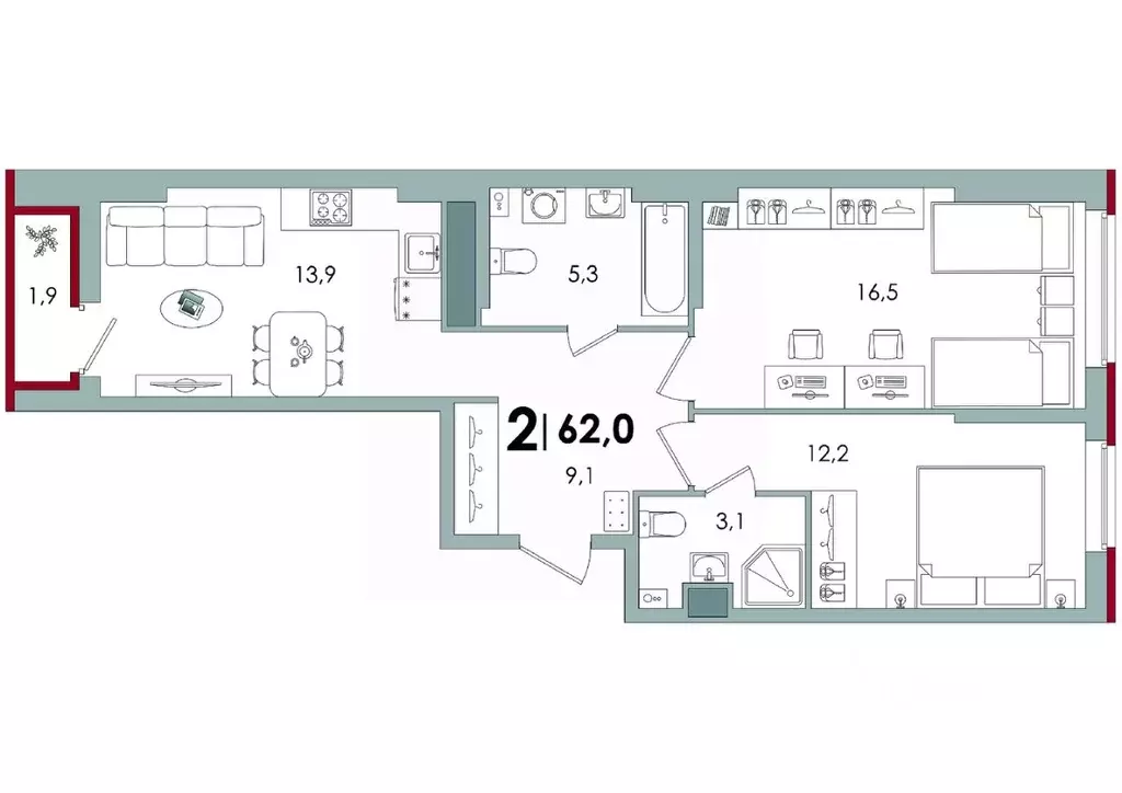 2-к кв. Тверская область, Тверь Южный жилой комплекс (62.0 м) - Фото 1