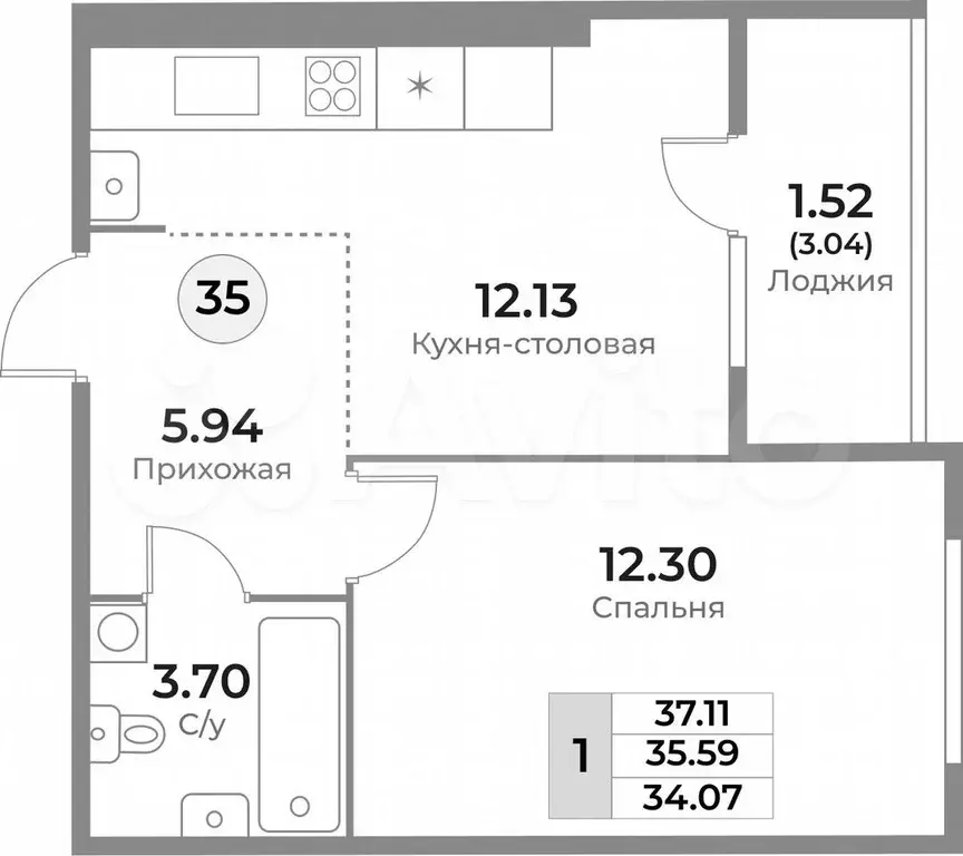 1-к. квартира, 37,1 м, 9/10 эт. - Фото 1