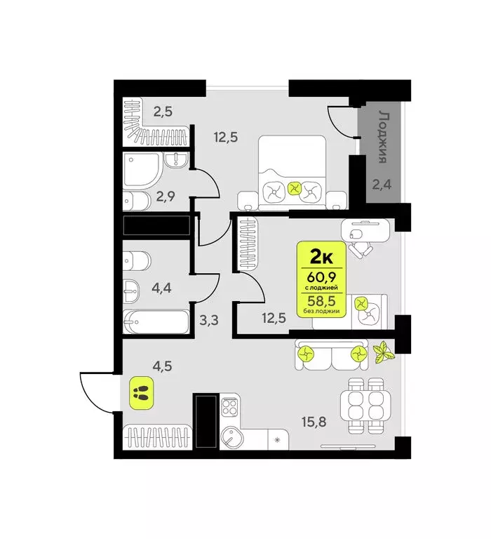 2-комнатная квартира: Тюмень, улица Андрея Приказнова, 1 (60.9 м) - Фото 1