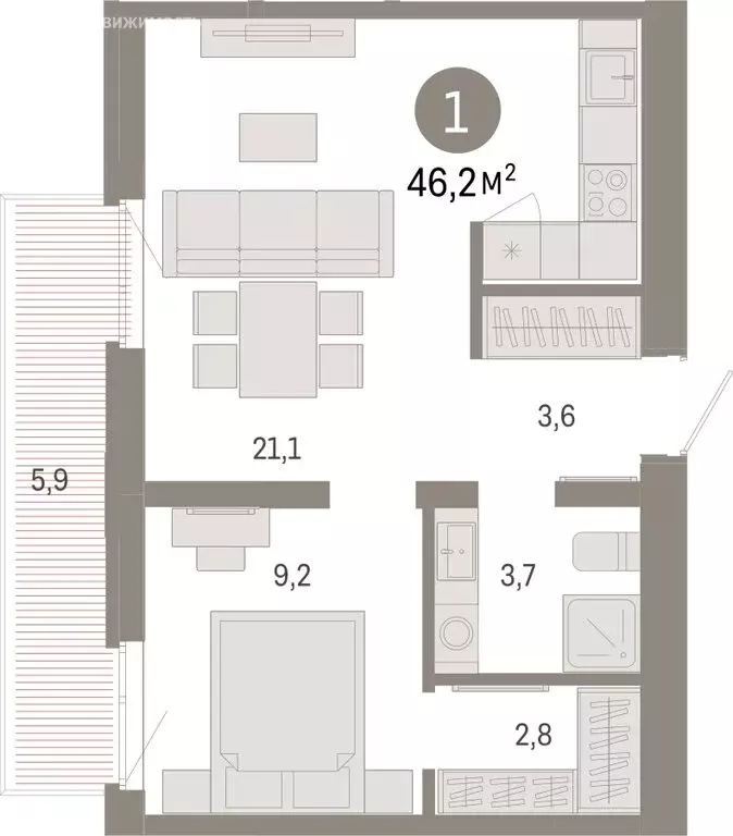 1-комнатная квартира: Тюмень, Ленинский округ (46.15 м) - Фото 1