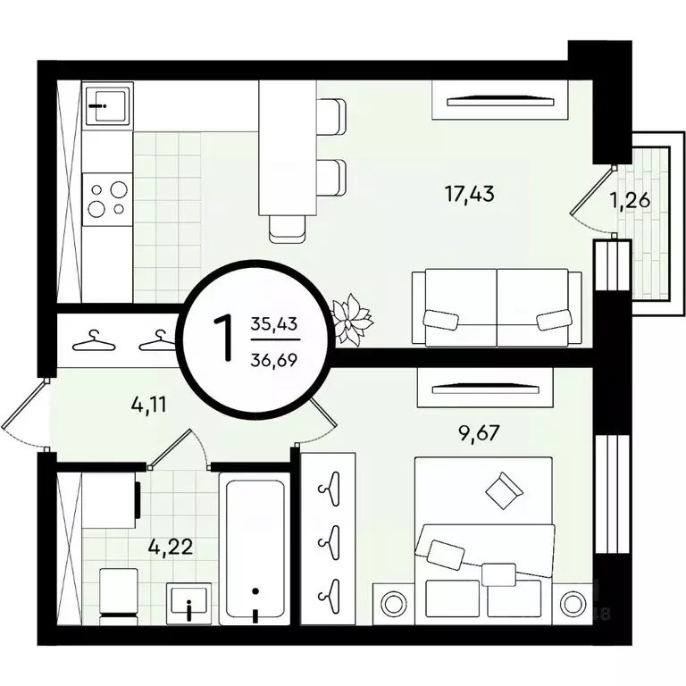 1-к кв. Тюменская область, Тюмень ул. Александра Звягина, 2 (36.69 м) - Фото 1