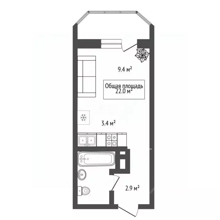 Студия Новосибирская область, Новосибирск ул. Виктора Уса, 9 (22.0 м) - Фото 2