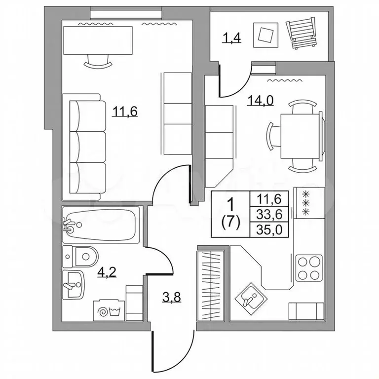 1-к. квартира, 35м, 5/8эт. - Фото 1