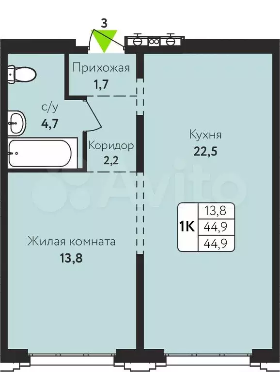 1-к. квартира, 44,9 м, 4/16 эт. - Фото 0