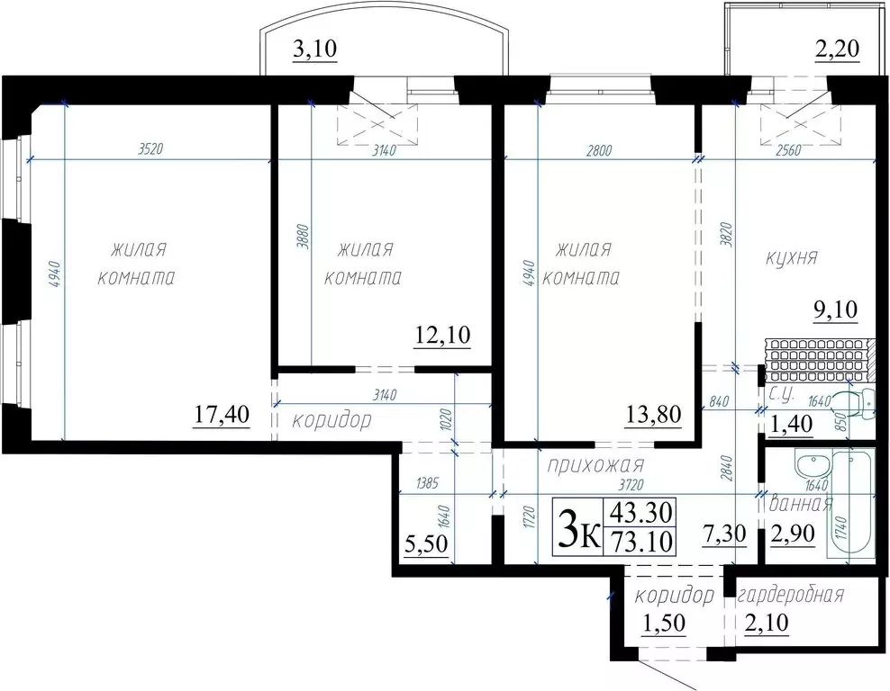 3-комнатная квартира: Тюмень, улица Героев Космоса, 9 (71 м) - Фото 0