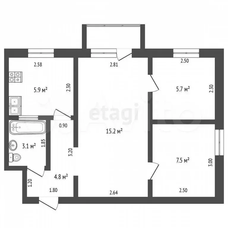 3-к. квартира, 42,2 м, 3/4 эт. - Фото 0