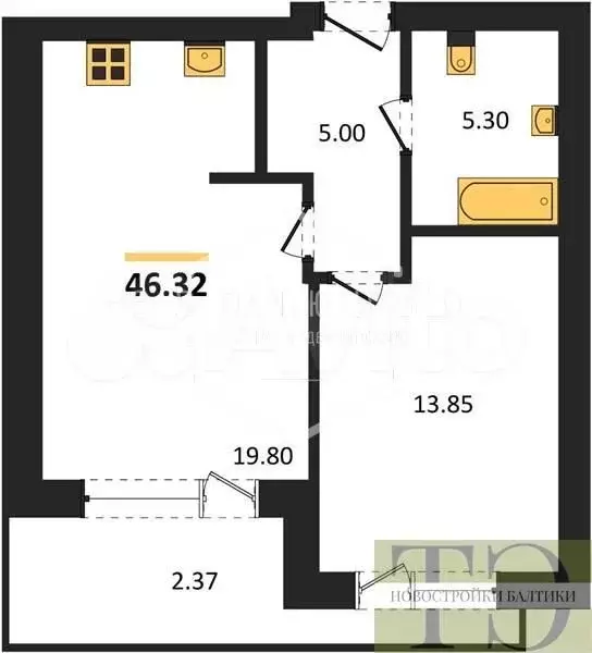 1-к. квартира, 46,3 м, 4/5 эт. - Фото 0