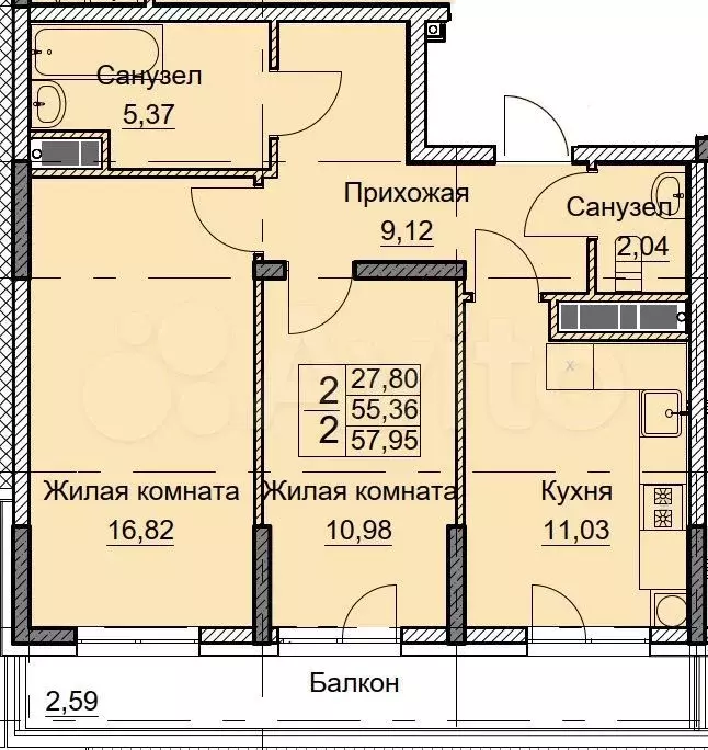 2-к. квартира, 58 м, 4/8 эт. - Фото 0