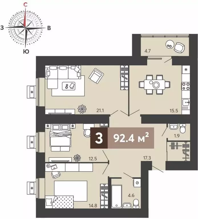 3-комнатная квартира: Пенза, Серпуховская улица, с1 (92.4 м) - Фото 0