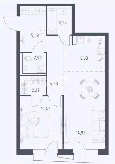 Квартира, 2 комнаты, 49.4 м - Фото 2