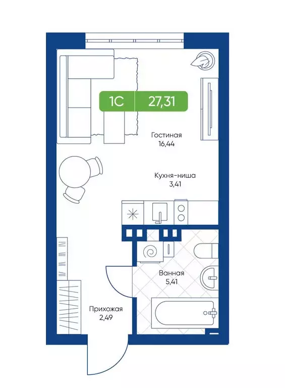 1-комнатная квартира: Новосибирск, жилой комплекс Биография (27.65 м) - Фото 1