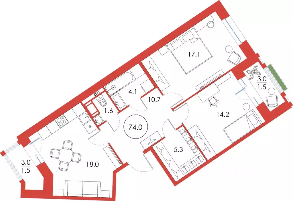 2-к кв. Санкт-Петербург ул. Плесецкая, 2 (74.0 м) - Фото 1