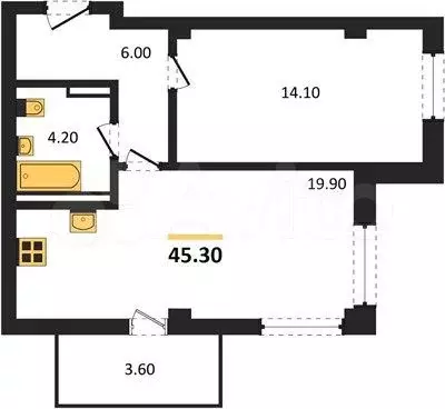 1-к. квартира, 45,3 м, 8/9 эт. - Фото 1