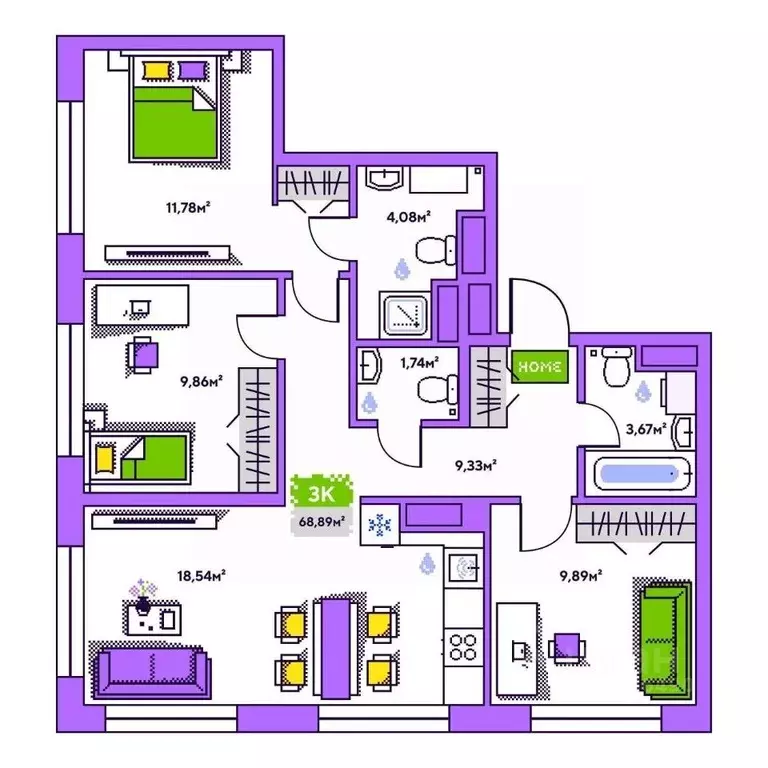 3-к кв. Тюменская область, Тюмень Полевая ул., 93к1 (68.89 м) - Фото 1