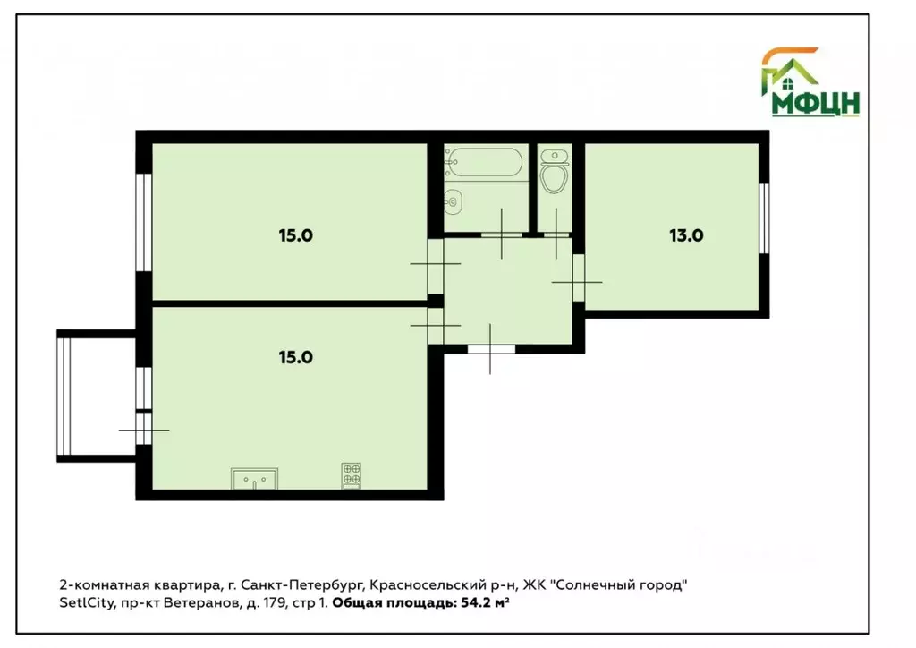 2-к кв. Санкт-Петербург просп. Ветеранов, 179 (54.2 м) - Фото 1