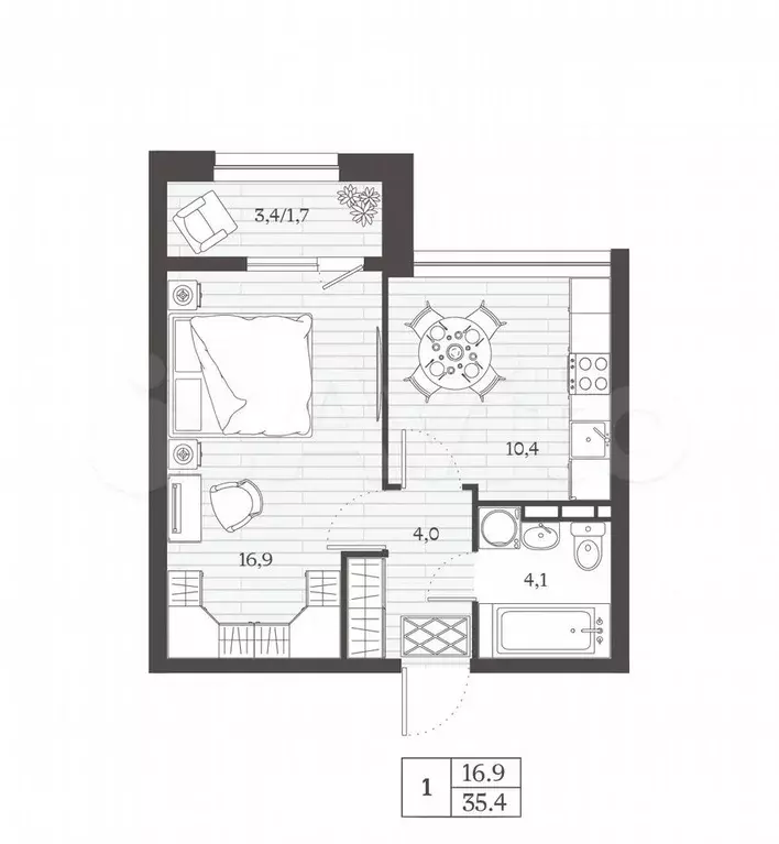 1-к. квартира, 35,4 м, 8/8 эт. - Фото 0